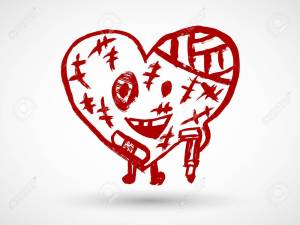 Broken heart character icon in red color. Hurt love symbol.